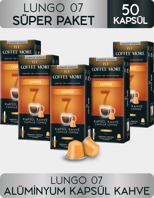 Coffee More 7 Lungo Kapsül Kahve 10 x 5 Paket ( 50 Adet ) Nespresso Uyumlu