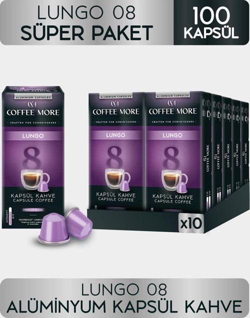 Coffee More 8 Lungo Kapsül Kahve 10 x 10 Paket ( 100 Adet ) Nespresso Uyumlu