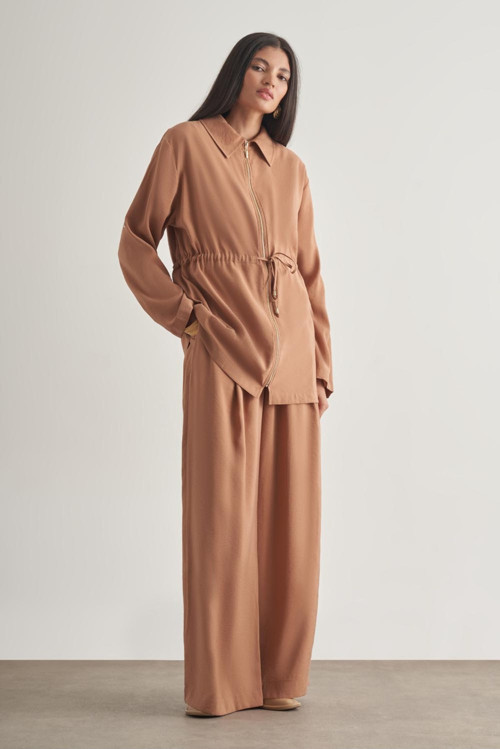 Taba Modal Karışımlı Fermuarlı Camel Tunik