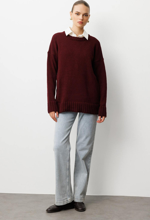 Yuvarlak Yaka Oversize Bordo Triko Kazak