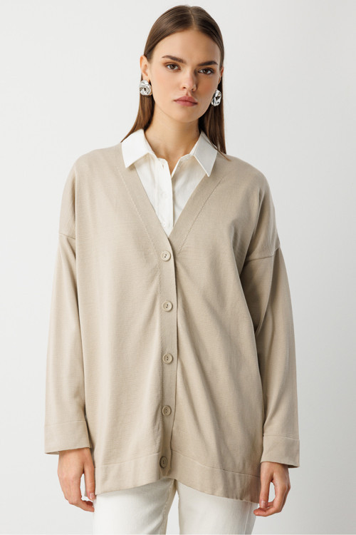 Ekstra Oversize Düşük Kol Basic Bej Rengi İnce Triko Hırka