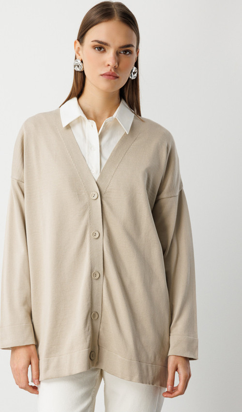 Ekstra Oversize Düşük Kol Basic Bej Rengi İnce Triko Hırka