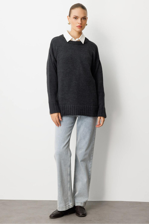 Yuvarlak Yaka Oversize Antrasit Triko Kazak