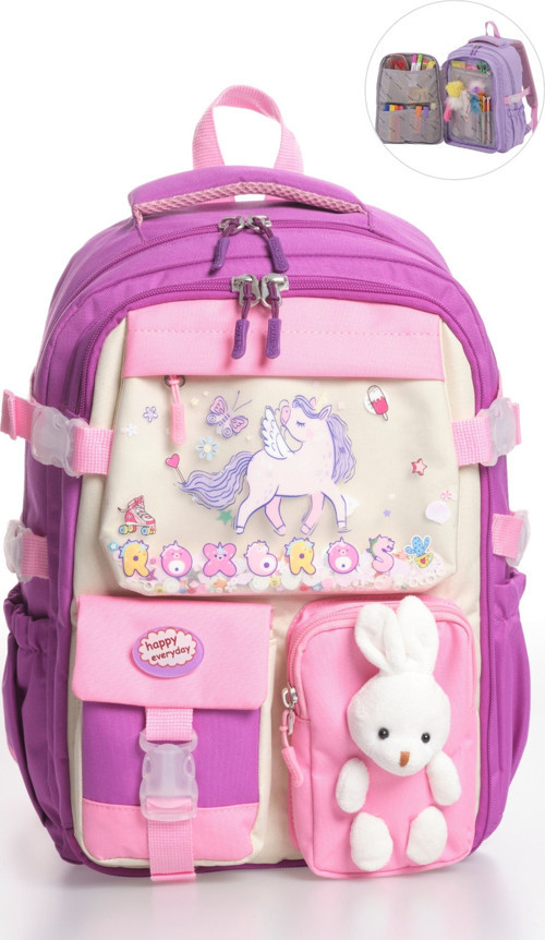 Kore Tarzı Unicorn Figürlü Çok Bölmeli Ilkokul Sırt Çantası, Kız Çocuk Okul Çantası