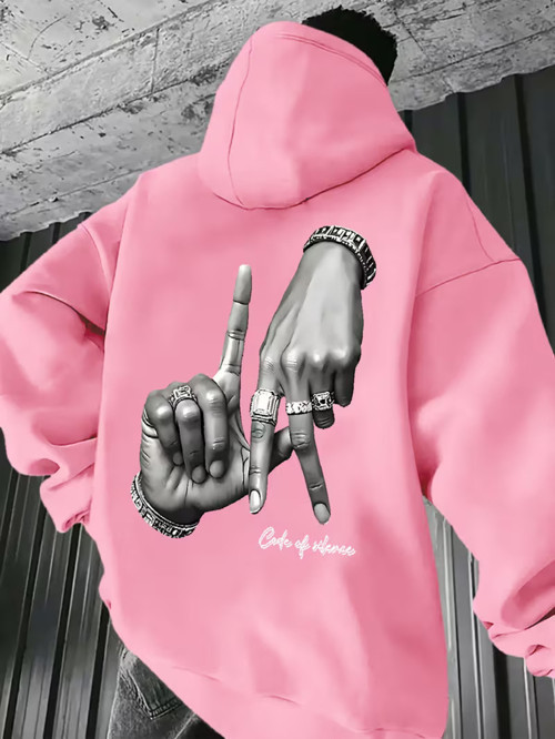 Unisex Oversize Hoodie El Figürlü Baskılı Kapüşonlu Streetwear Sweatshirt