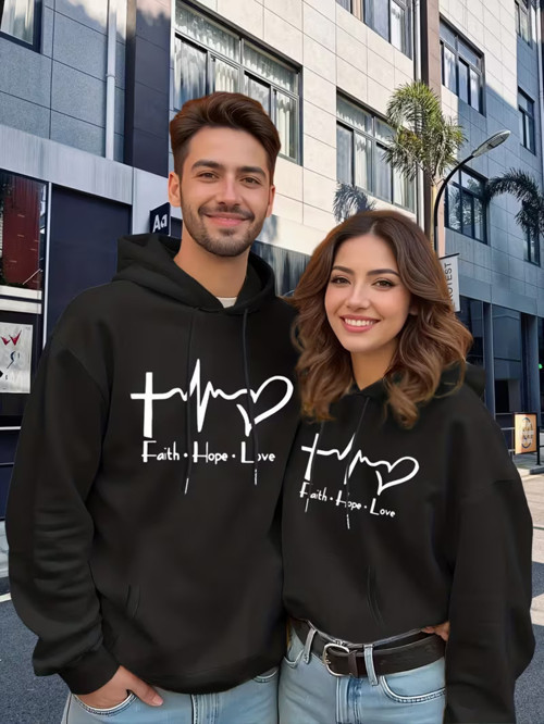 Faith Hope Love Baskılı Hoodie – Unisex Kapüşonlu Sweatshirt Çift Kombini 2'li Set Takım