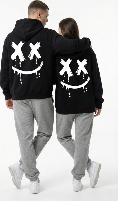 Unisex Smile Baskılı Sevgili Kombini Oversize Hoodie Seti