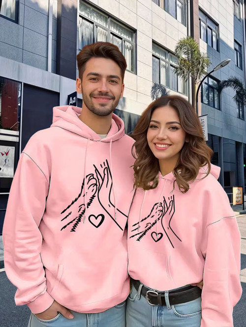 Sevgili Çift Kombin Hoodie Set Kalp ve Eller Baskılı Unisex Oversize 3 İplik