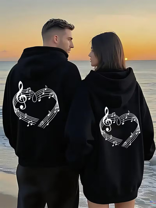 Sevgili Çift Kombin Hoodie Notalı Kalp Baskılı Oversize Kapüşonlu Sweatshirt 2’li Set Unisex 3 İplik
