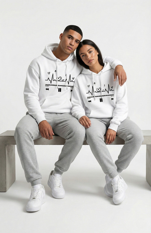 Unisex Oversize Kalp Ritmi Baskılı Çift Hoodie