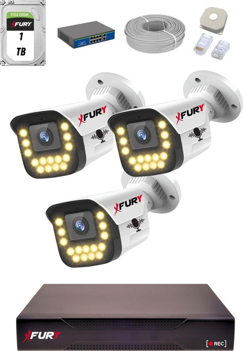 15 Warm LED Ip Güvenlik Kamera Seti 3 Kameralı Sesli 4mp Gece Renkli Su Geçirmez 1403s 1TB