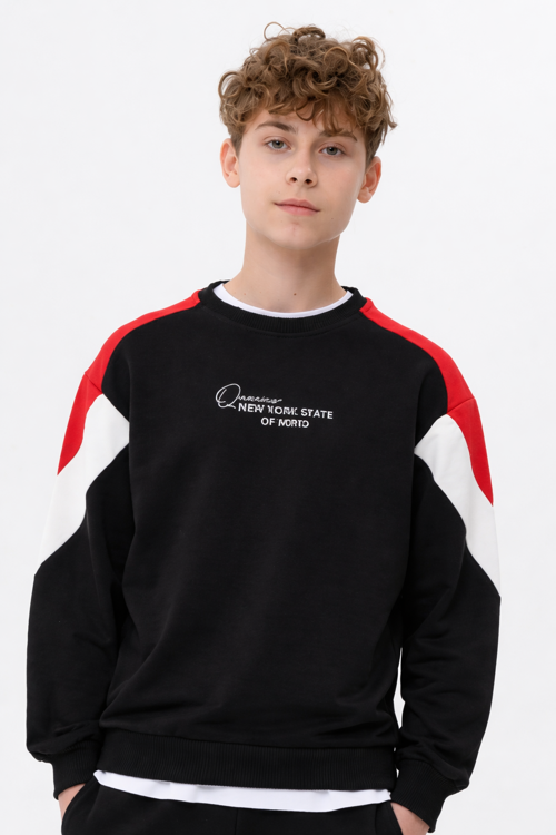 Erkek Çocuk / Genç Nakış Detaylı Renk Bloklu Oversize Sweatshirt ve Eşofman Altı Takımı