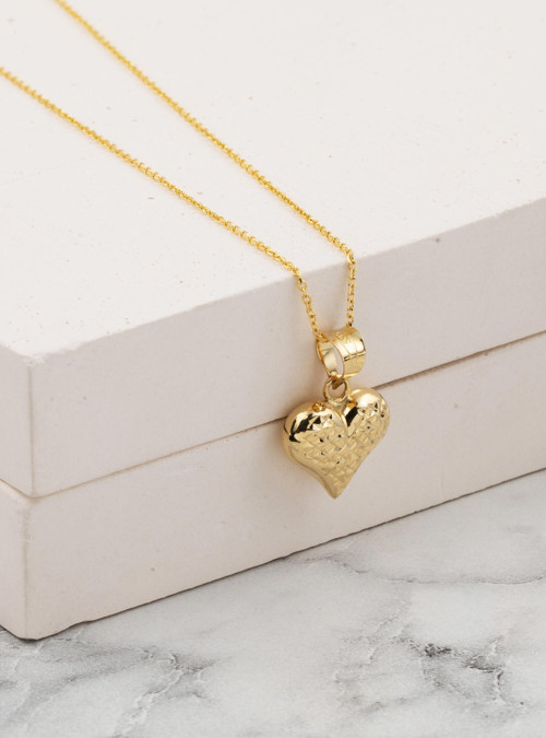 14 Ayar Altın Kalp Kolye ucu Kalem Desenli 585 Ayar Sarı Altın Kadın Kolye