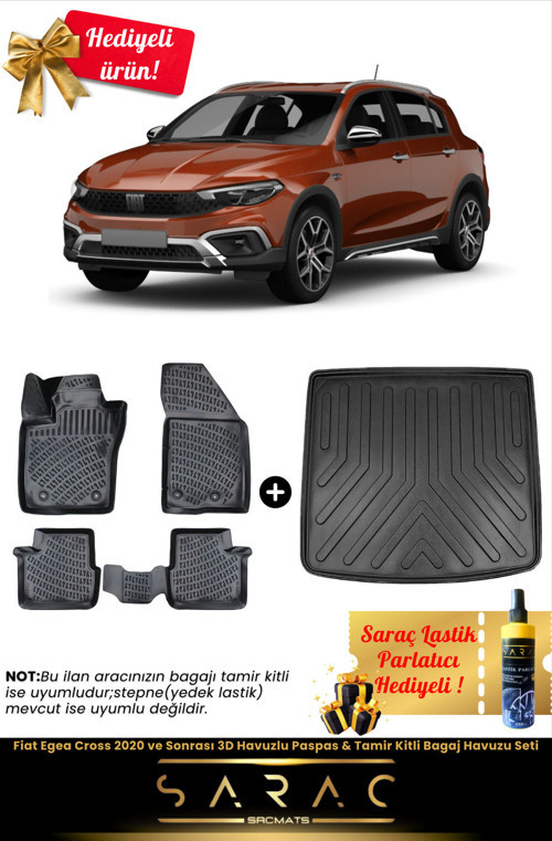 Fiat Egea Cross 2020 Ve Sonrası Araca Özel 3D Havuzlu Paspas & Tamir Kitli Bagaj Havuzu Set+Hediyeli