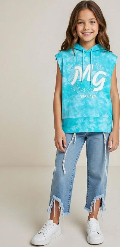 Kız Çocuk üzeri MG Yazı ve Yaprak Detaylı Kapüşonlu Kolsuz Turkuaz Sweatshirt
