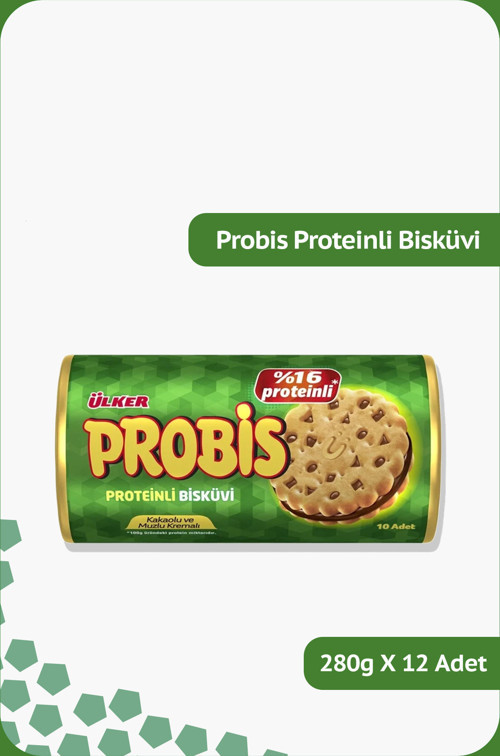 PROBİS Proteinli Bisküvi - Kakaolu ve Muzlu Kremalı - 280 gram - 12 Adet