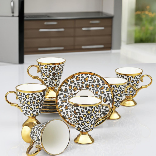 KOSOVA Porselen 6’lı Ayaklı Leopar Fincan Takımı – Beyaz & Gold Detaylı Şık Kahve Seti 90 cc