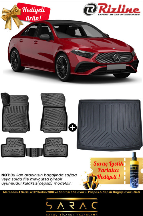 Mercedes A Serisi W177 Sedan 2018 Ve Sonrası 3D Havuzlu Paspas & Cepsiz Bagaj Havuzu Seti+Hediyeli!