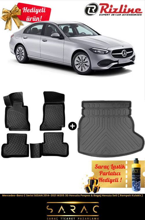 Mercedes C Serisi Sedan 2014-2021 W205 3D Havuz Paspas&Bagaj Havuz Set(Rampalı Kulaklı)+Hediyeli!