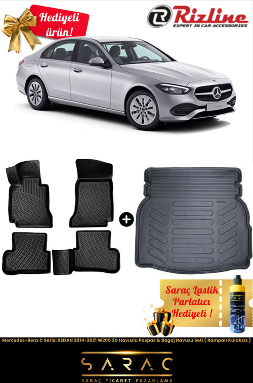 Mercedes C Serisi Sedan 2014-2021 W205 3D Havuz Paspas&Bagaj Havuz Set(Rampalı Kulaksız)+Hediyeli!