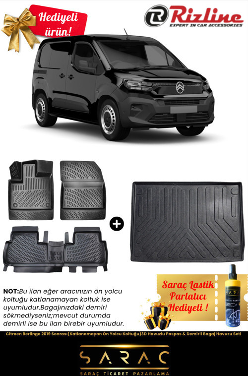 Citroen Berlingo 2019 Sonrası Katlanamayan Koltuk Havuz Paspas&Demirli Bagaj Havuz Set+Hediyeli!