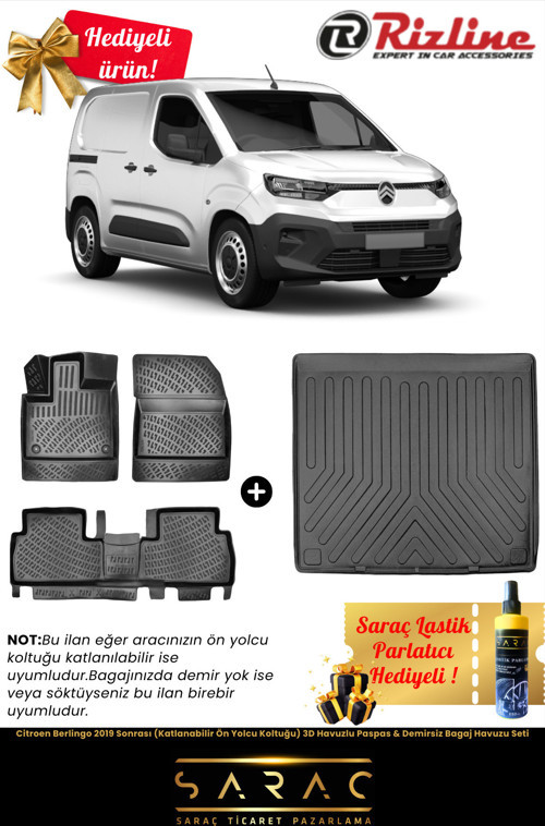 Citroen Berlingo 2019 Sonrası Katlanılabilir Koltuk Havuz Paspas&Demirsiz Bagaj Havuz Seti+Hediyeli!