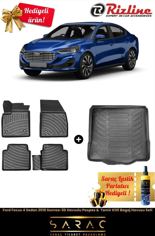 Ford Focus 4 Sedan 2018 Sonrası 3D Havuzlu Paspas & Tamir Kitli Bagaj Havuzu Seti(Hediyeli!)