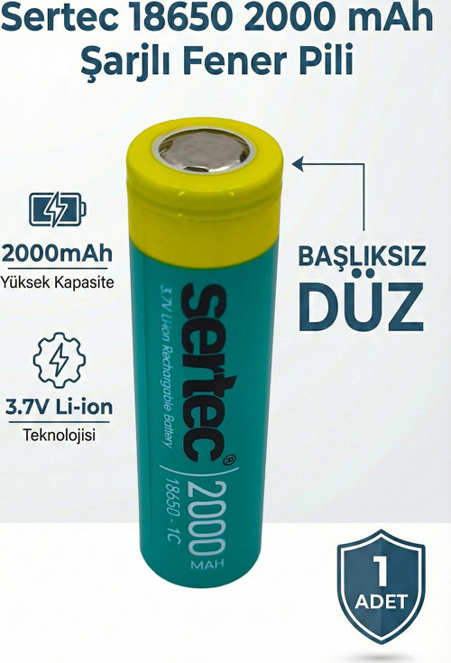 18650 Şarjlı Pil 2000mAh Fener Pili 3.7V Li-ion Başlıksız Düz