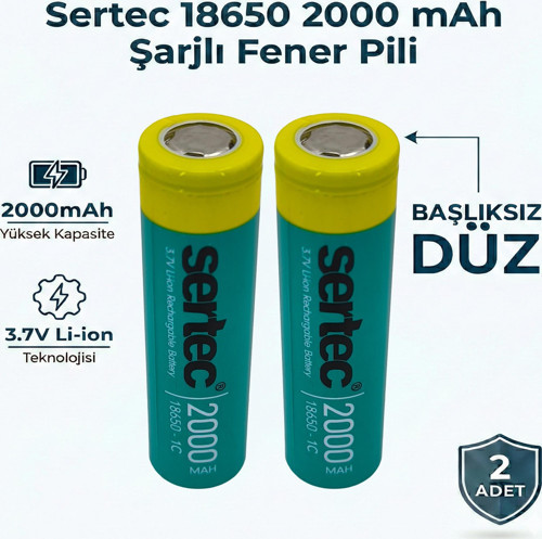 18650 Şarjlı Pil 2000mAh Fener Pili 3.7V Li-ion Başlıksız Düz 2li
