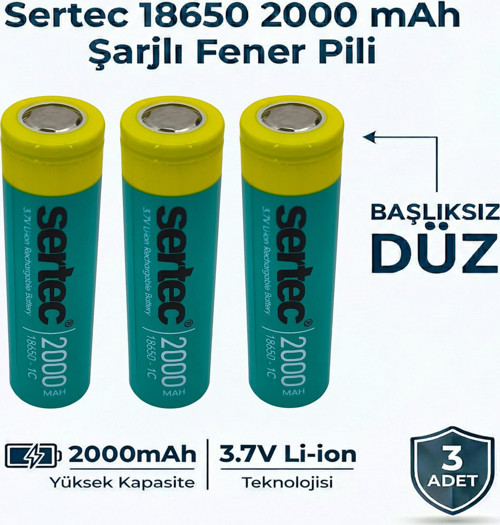 18650 Şarjlı Pil 2000mAh Fener Pili 3.7V Li-ion Başlıksız Düz 3lü