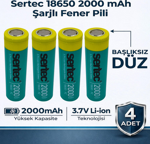 18650 Şarjlı Pil 2000mAh Fener Pili 3.7V Li-ion Başlıksız Düz 4lü