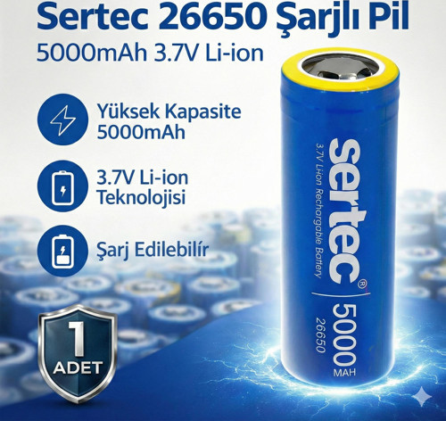 26650 Şarjlı Pil 5000mAh 3.7V Li-ion Başlıksız Düz