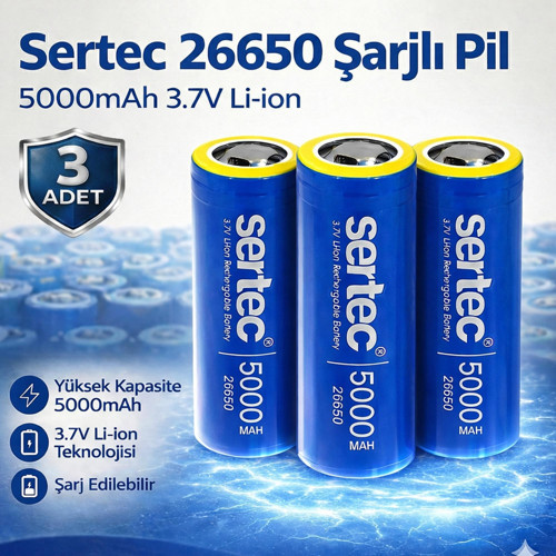 26650 Şarjlı Pil 5000mAh 3.7V Li-ion Başlıksız Düz 3lü
