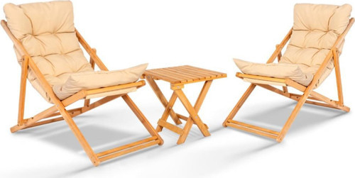 Flex 2'li Ahşap Minderli Bahçe, Balkon, Teras ve Plaj Katlanır Şezlong Set Bistro