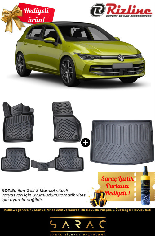 Volkswagen Golf 8 Manuel Vites 2019 Ve Sonrası Havuzlu Paspas & Üst Bagaj Havuzu Seti+Hediyeli!
