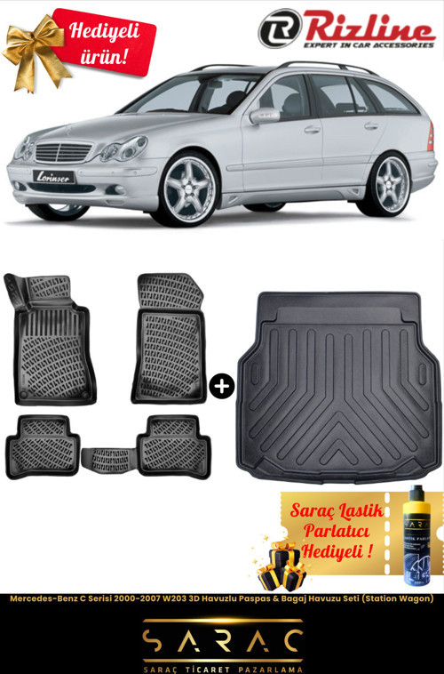 Mercedes-Benz C Serisi 2000-2007 W203 3D Havuzlu Paspas & Bagaj Havuzu Seti (Station Wagon)+Hediyeli