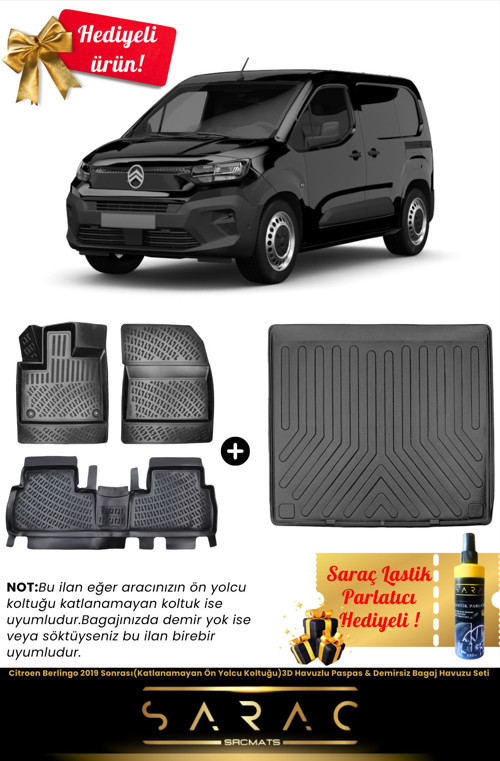Citroen Berlingo 2019 Sonrası 3D Havuzlu Paspas & Demirsiz Bagaj Havuzu Seti (Hediyeli!)