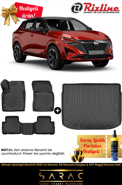 Nissan Qashqai Benzinli 2022 Ve Sonrası 3D Havuzlu Paspas & Üst Bagaj Havuzu Seti+(Hediyeli!)