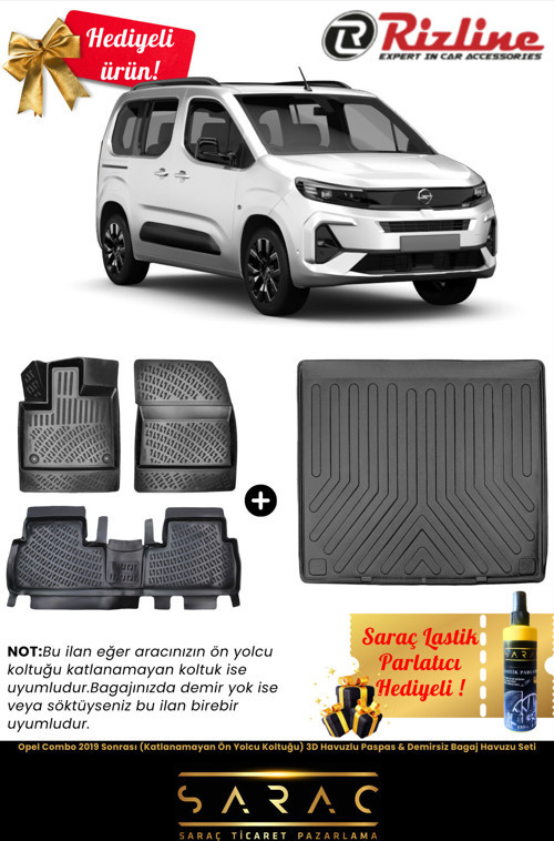 Opel Combo 2019 Sonrası Katlanamayan Koltuk Havuzlu Paspas & Demirsiz Bagaj Havuzu Seti+Hediyeli!