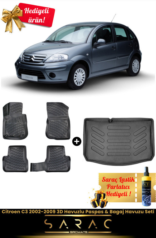 Citroen C3 2002-2009 Araca Özel 3D Havuzlu Paspas & Bagaj Havuzu Seti+(Hediyeli!)