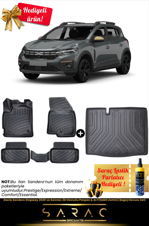 Dacia Sandero Stepway 2020 Ve Sonrası 3D Havuzlu Paspas & Alt(Sabit Zemin) Bagaj Havuzu Set+Hediyeli