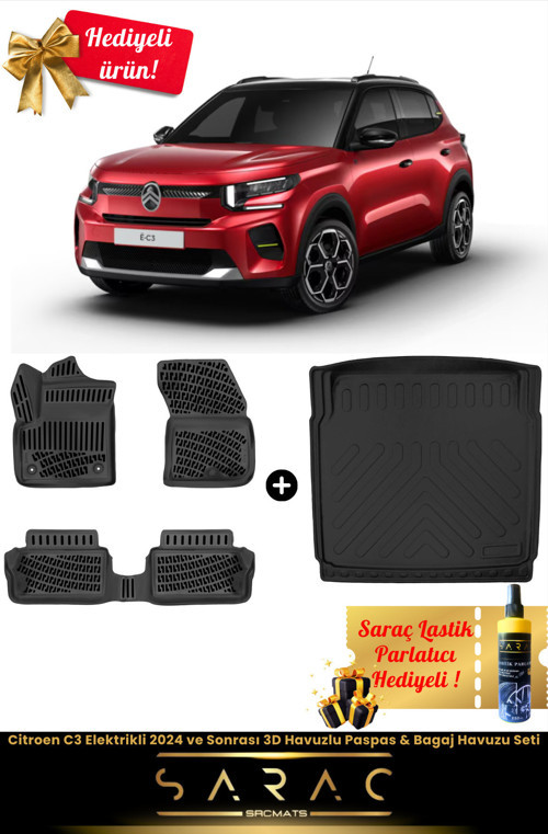Citroen C3 Elektrikli 2024 Ve Sonrası Araca Özel 3D Havuzlu Paspas & Bagaj Havuzu Seti+(Hediyeli!)