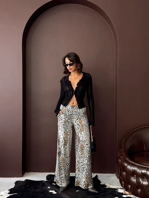 Leopar Desenli Payetli Wide-Leg Pantolon