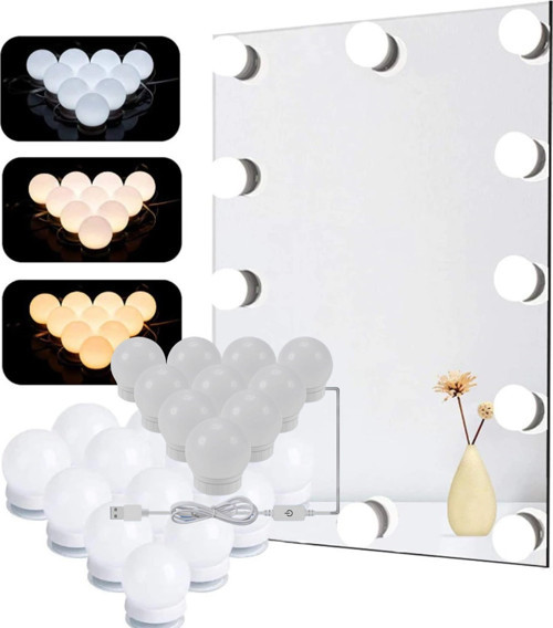 BUFFER® Nostalji Hollywood Tarzı 10lu Makyaj Masası Aynası Beyaz Led Işıklı Lamba USB