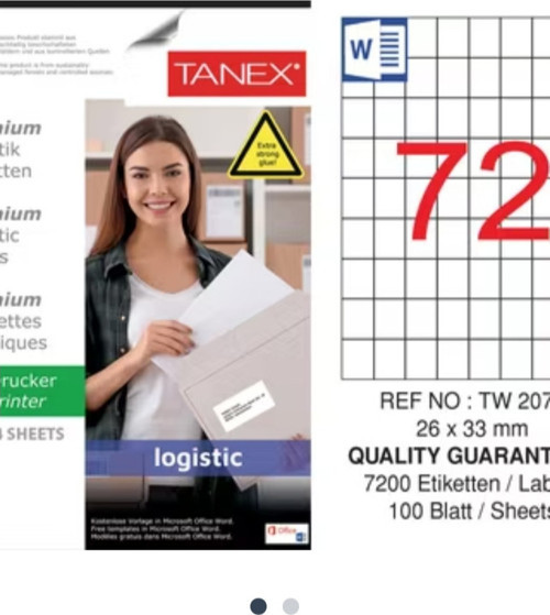Tanex Lazer Etiket 2072 26x33mm A4 ebat 7200 Etiket