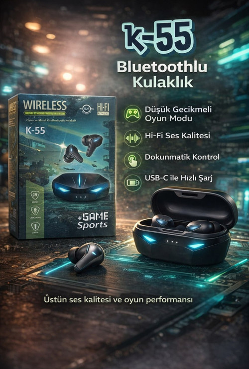 K-55 Pro Kablosuz Kulaklık – Hi-Fi Ses Kalitesi, Düşük Gecikme, USB-C Şarjlı Gaming Kulaklık