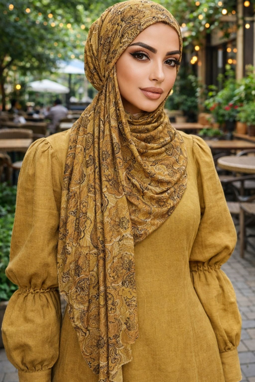 Hardal Etnik Desen Hazır Bandana Şal
