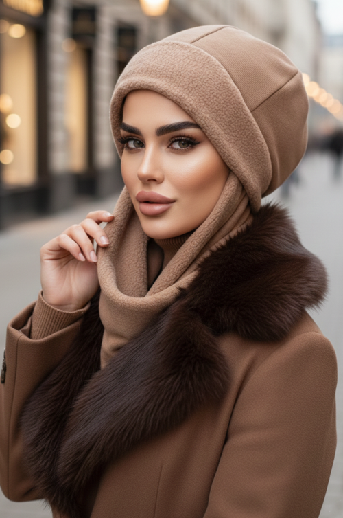 Camel Atkılı Tesettür Bere / UZUN ATKILI