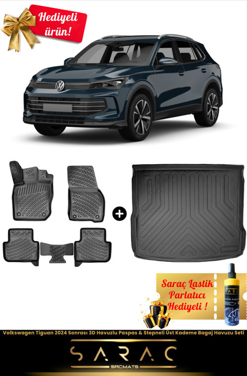 Volkswagen Tiguan 2024 Sonrası 3D Havuzlu Paspas & Stepneli Üst Kademe Bagaj Havuzu Seti (Hediyeli!)