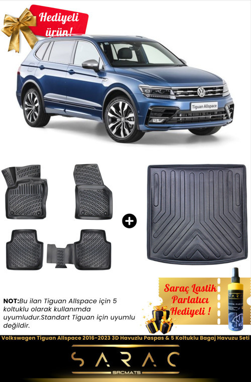 Volkswagen Tiguan Allspace 2016-2023 3D Havuzlu Paspas & 5 Koltuklu Bagaj Havuzu Seti+(Hediyeli!)